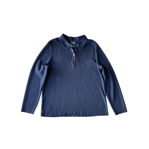 Lauren Ralph Lauren Navy Blue Collard Ribbed Knit Pullover Ling Sleeve top - Picture 4 of 11